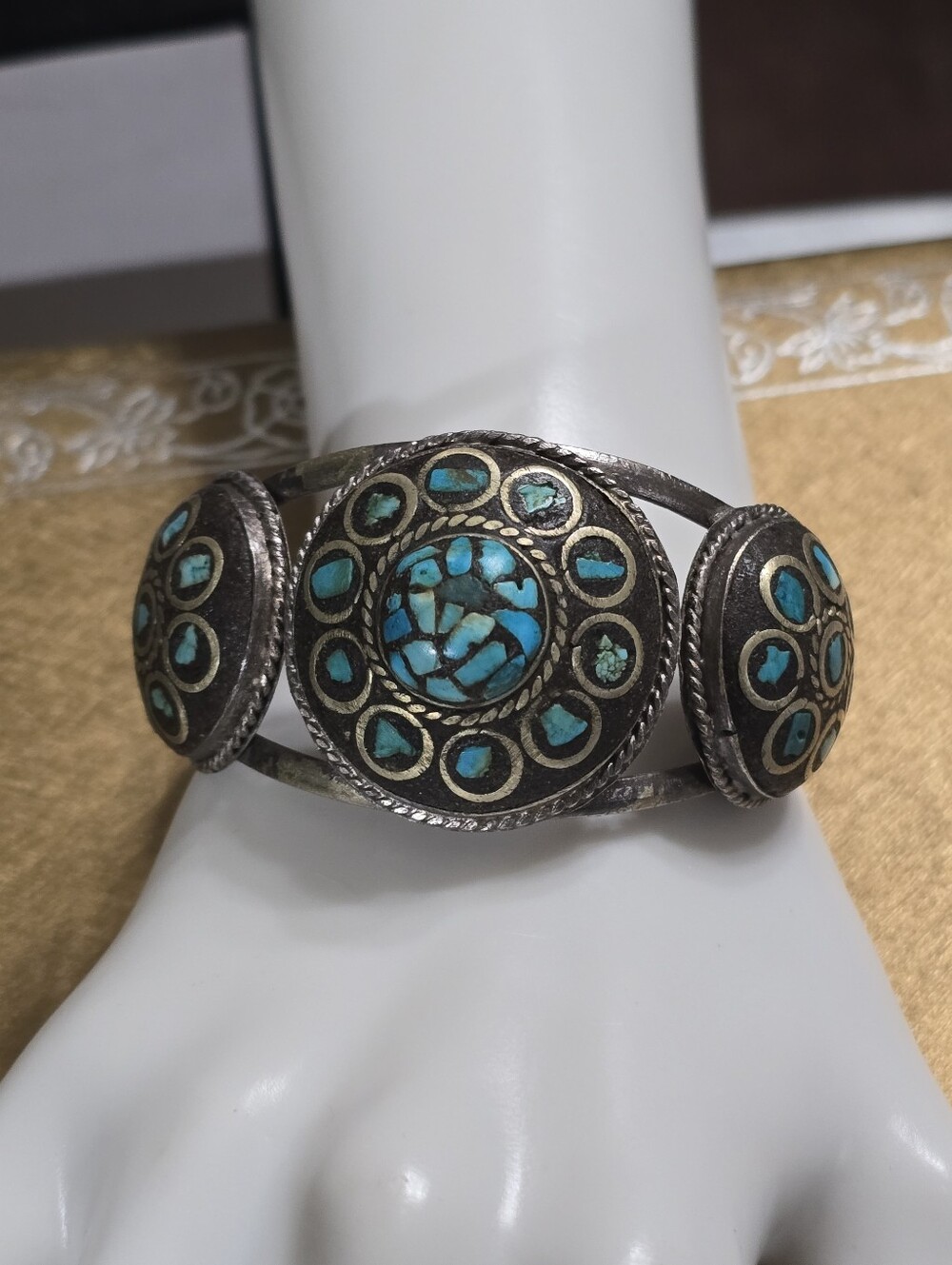 Vintage Tibetan Turquoise Inlay Silver-Tone Statement Cuff Bracelet 6.75" To 8"